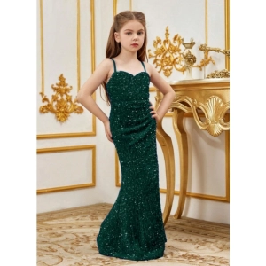 Generic Girl's Rayon Solid Off Sholder Western Dress (Green)
