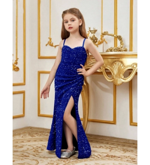 Girl's Rayon Solid Off Sholder Western Dress (Blue)