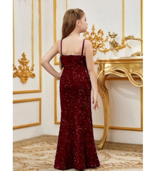 Girl's Rayon Solid Off Sholder Western Dress (Maroon)