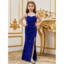 Girl's Rayon Solid Off Sholder Western Dress (Blue)