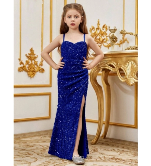 Girl's Rayon Solid Off Sholder Western Dress (Blue)