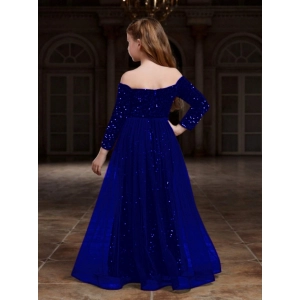 Generic Girl's Rayon Solid Off Sholder Western Dress (Blue)