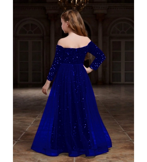 Girl's Rayon Solid Off Sholder Western Dress (Blue)