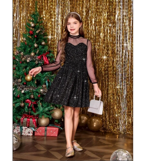 Girl's Rayon Solid Round Neck Western Dress (Black)