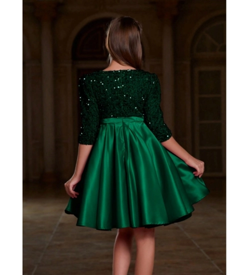 Girl's Rayon Solid Round Neck Western Dress (Green)