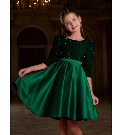 Girl's Rayon Solid Round Neck Western Dress (Green)