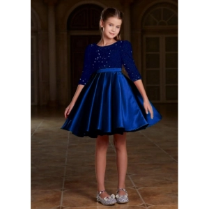 Generic Girl's Rayon Solid Round Neck Western Dress (Blue)