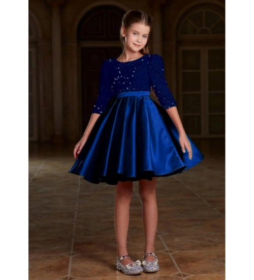 Girl's Rayon Solid Round Neck Western Dress (Blue)