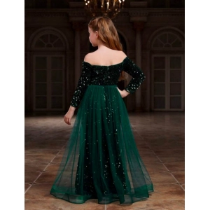 Generic Girl's Rayon Solid Off Sholder Western Dress (Green)
