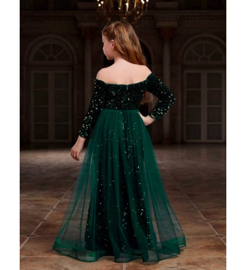 Girl's Rayon Solid Off Sholder Western Dress (Green)