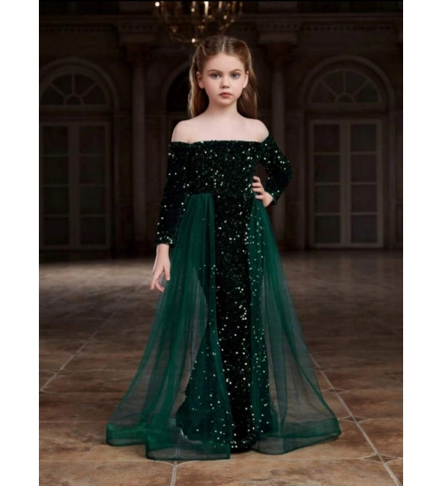 Girl's Rayon Solid Off Sholder Western Dress (Green)