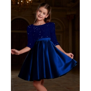 Generic Girl's Rayon Solid Round Neck Western Dress (Blue)