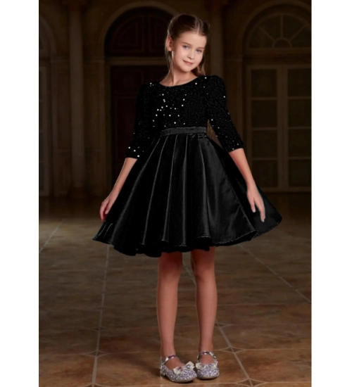 Girl's Rayon Solid Round Neck Western Dress (Black)