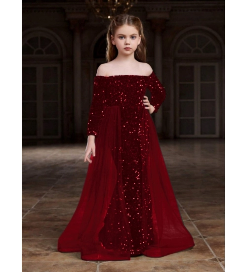 Girl's Rayon Solid Off Sholder Western Dress (Maroon)