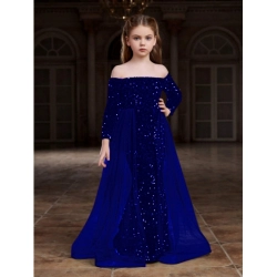 Girl's Rayon Solid Off Sholder Western Dress (Blue)