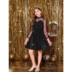 Girl's Rayon Solid Round Neck Western Dress (Black)