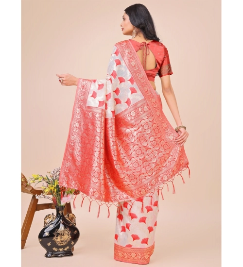 Women's Linen Cotton Printed Saree With Unstitched Blouse 5.5Mtr (Red)