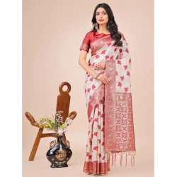 Women's Linen Cotton Printed Saree With Unstitched Blouse 5.5Mtr (Red)