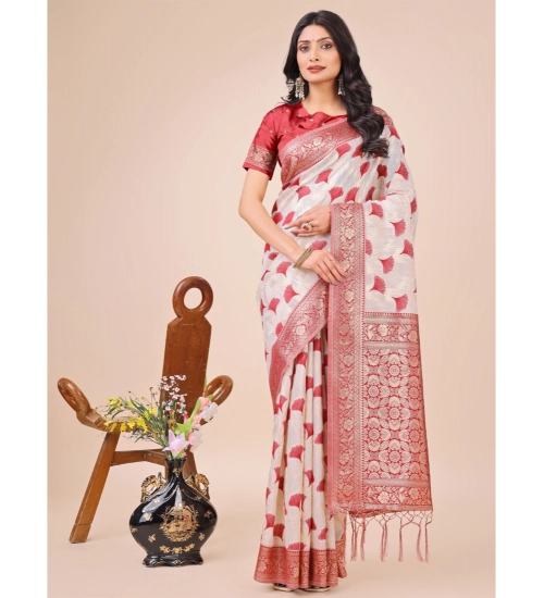 Women's Linen Cotton Printed Saree With Unstitched Blouse 5.5Mtr (Red)