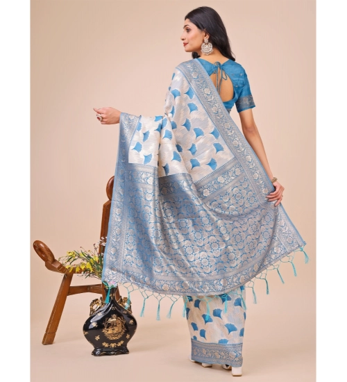 Women's Linen Cotton Printed Saree With Unstitched Blouse 5.5Mtr (Sky Blue)