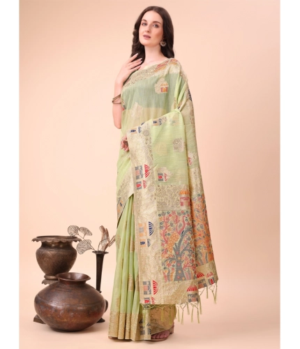 Women's Linen Cotton Printed Saree With Unstitched Blouse 5.5Mtr (Light Green)