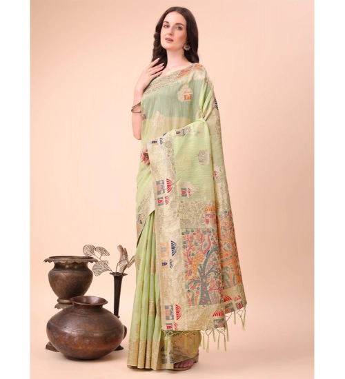 Women's Linen Cotton Printed Saree With Unstitched Blouse 5.5Mtr (Light Green)