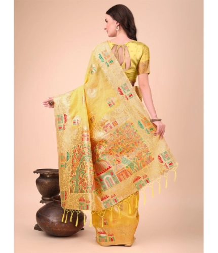 Women's Linen Cotton Printed Saree With Unstitched Blouse 5.5Mtr (Yellow)