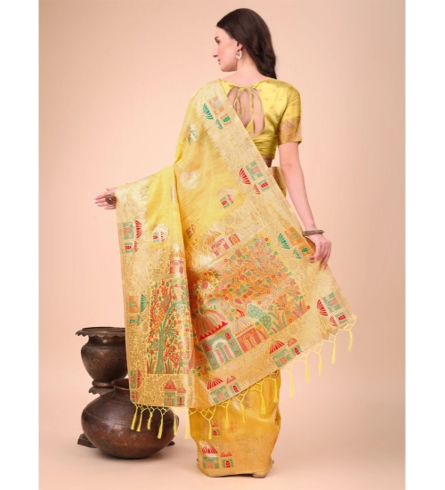 Women's Linen Cotton Printed Saree With Unstitched Blouse 5.5Mtr (Yellow) Women's Linen Cotton Printed Saree With Unstitched Blouse 5.5Mtr (Yellow)