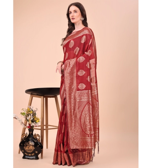 Women's Cotton Printed Saree With Unstitched Blouse 5.5Mtr (Maroon)