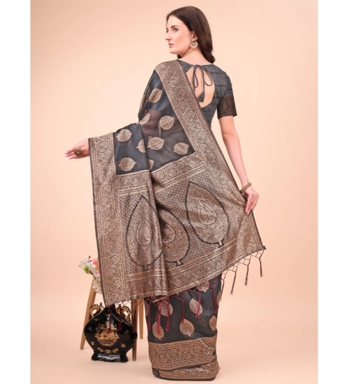 Women's Cotton Printed Saree With Unstitched Blouse 5.5Mtr (Black)