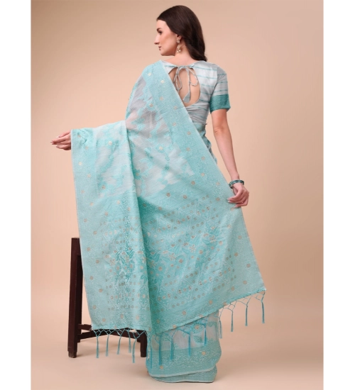 Women's Cotton Printed Saree With Unstitched Blouse 5.5Mtr (Sky Blue)
