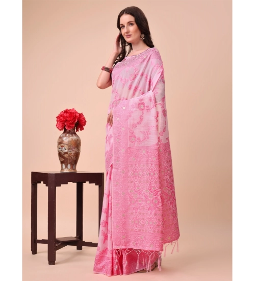 Women's Cotton Printed Saree With Unstitched Blouse 5.5Mtr (Pink)
