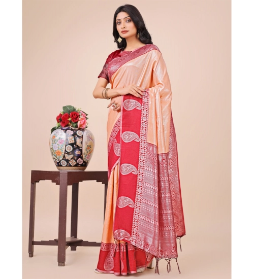Women's Lichi Silk Printed Saree With Unstitched Blouse 5.5Mtr (Peach)