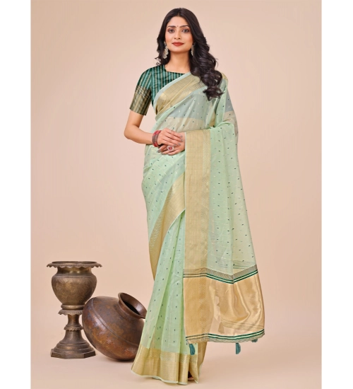 Women's Organza Printed Saree With Unstitched Blouse 5.5Mtr (Olive Green)