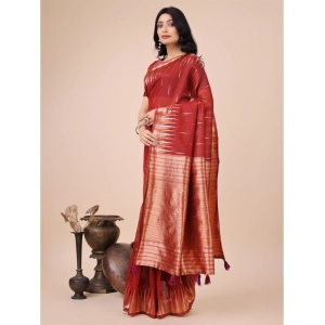 Generic Women's Linen Cotton Printed Saree With Unstitched Blouse 5.5Mtr (Red)