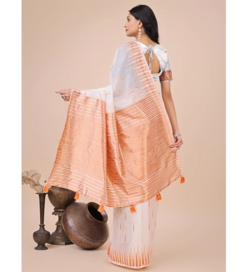 Women's Linen Cotton Printed Saree With Unstitched Blouse 5.5Mtr (White)