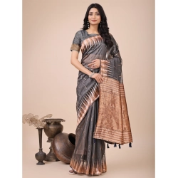 Women's Linen Cotton Printed Saree With Unstitched Blouse 5.5Mtr (Grey)