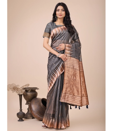 Women's Linen Cotton Printed Saree With Unstitched Blouse 5.5Mtr (Grey)