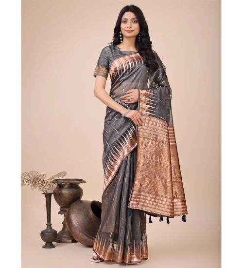 Women's Linen Cotton Printed Saree With Unstitched Blouse 5.5Mtr (Grey)