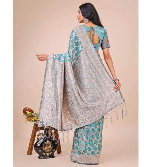 Women's Linen Cotton Printed Saree With Unstitched Blouse 5.5Mtr (Teal)