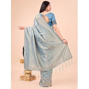 Generic Women's Cotton Printed Saree With Unstitched Blouse 5.5Mtr (Sky Blue)