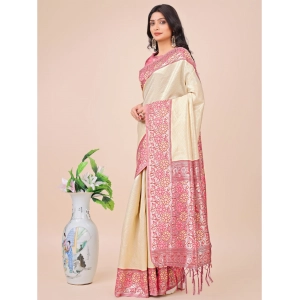 Generic Women's Lichi Silk Printed Saree With Unstitched Blouse 5.5Mtr (Cream)