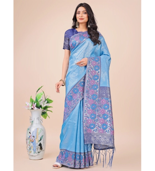 Women's Lichi Silk Printed Saree With Unstitched Blouse 5.5Mtr (Sky Blue)