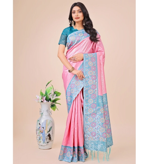 Women's Lichi Silk Printed Saree With Unstitched Blouse 5.5Mtr (Pink)