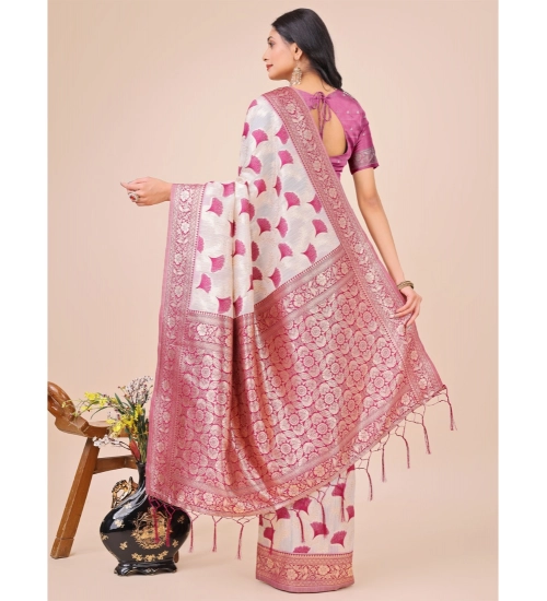 Women's Linen Cotton Printed Saree With Unstitched Blouse 5.5Mtr (Magenta)