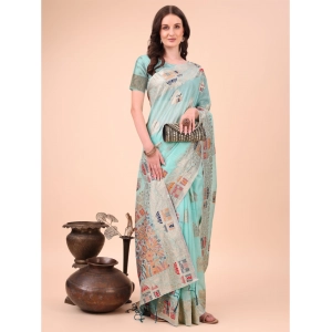 Generic Women's Linen Cotton Printed Saree With Unstitched Blouse 5.5Mtr (Sky Blue)