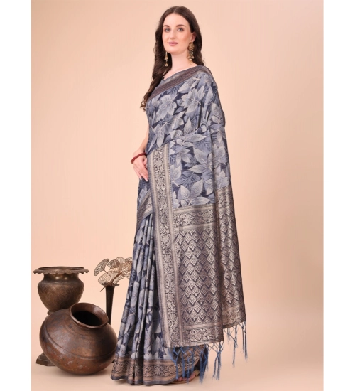 Women's Cotton Printed Saree With Unstitched Blouse 5.5Mtr (Navy Blue)