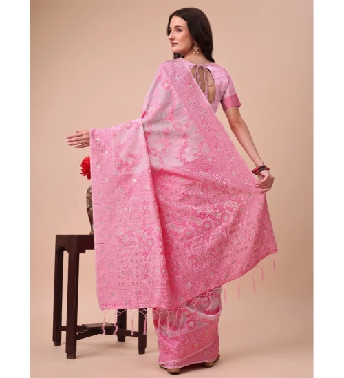 Women's Cotton Printed Saree With Unstitched Blouse 5.5Mtr (Pink)