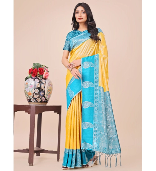 Women's Lichi Silk Printed Saree With Unstitched Blouse 5.5Mtr (Yellow)