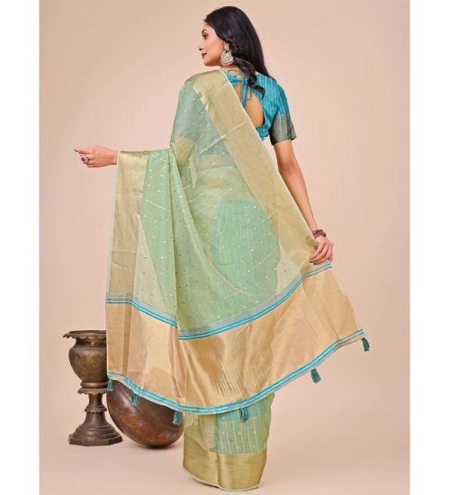 Women's Organza Printed Saree With Unstitched Blouse 5.5Mtr (Green)